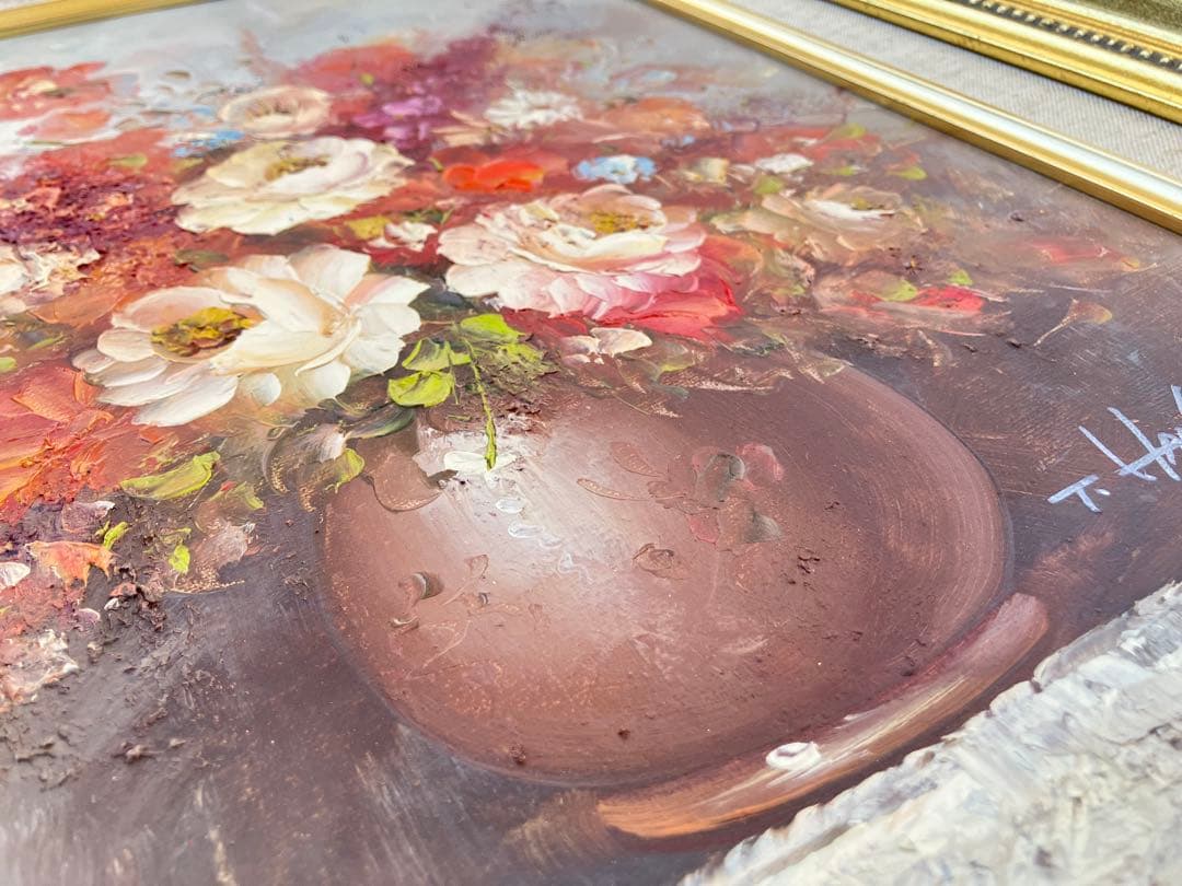 油彩画 油絵 花瓶の花 T.HANSEN バラ