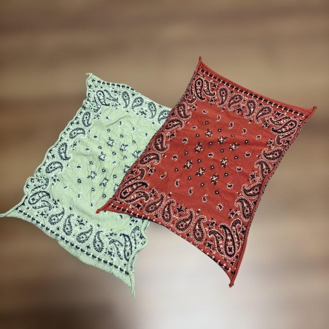 美品　kapital ペイズリー柄 縮絨ウール　バンダナ 赤 緑 2枚セット きらきらぷんぷん丸 バンダナ 大判【レッド】 赤 ペイズリー 柄 三角巾