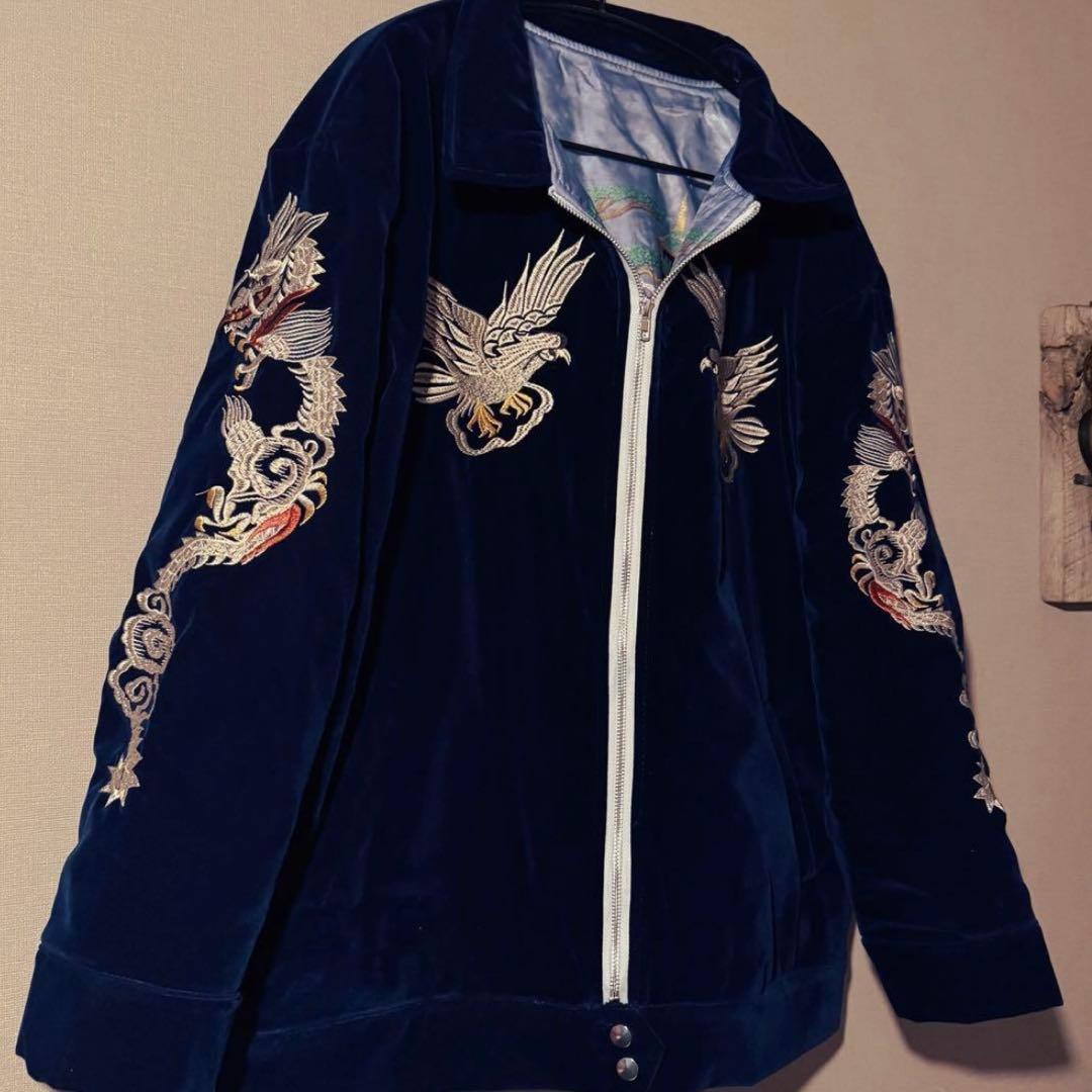スカブルゾン】刺繍ドラゴンと鷲のベルベットジャンパー ネイビーLL