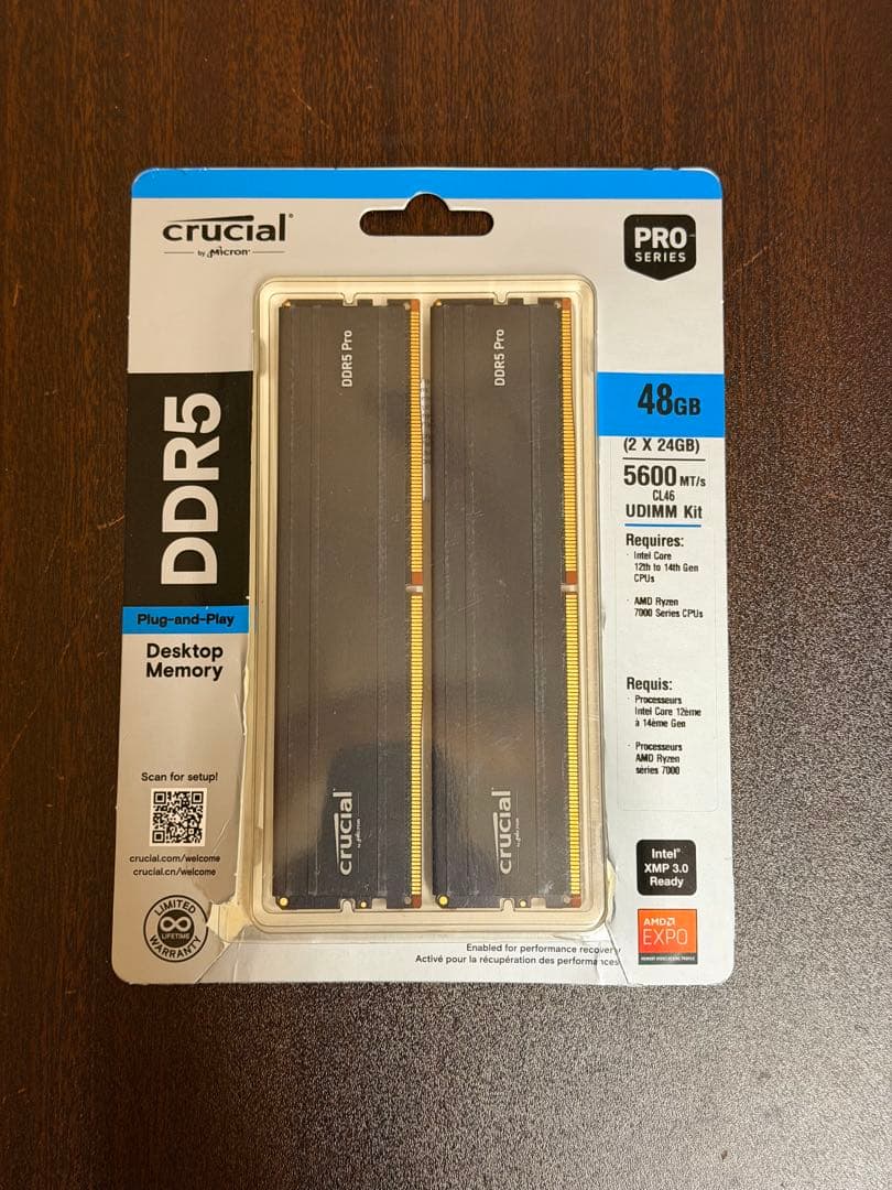 メモリー crucial DDR5 Pro 48GB (2x24GB) 5600MT/s Crucial Pro 48GB DDR5 RAM Kit (2x24GB), 5600MHz (or 5200MHz or