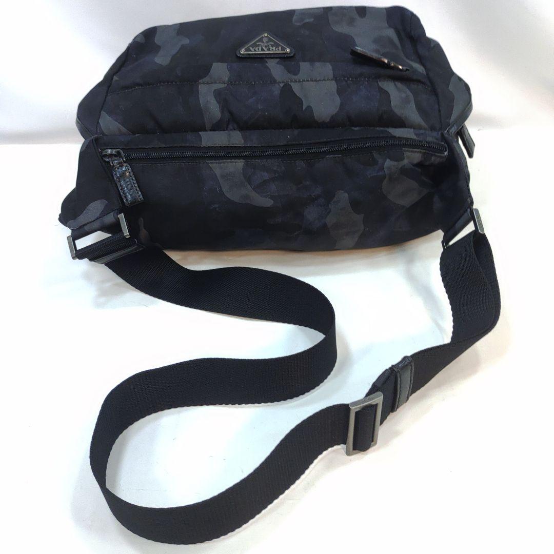 美品】プラダ メッセンジャーバッグ レザー×ナイロン 迷彩 黒系 VA0994