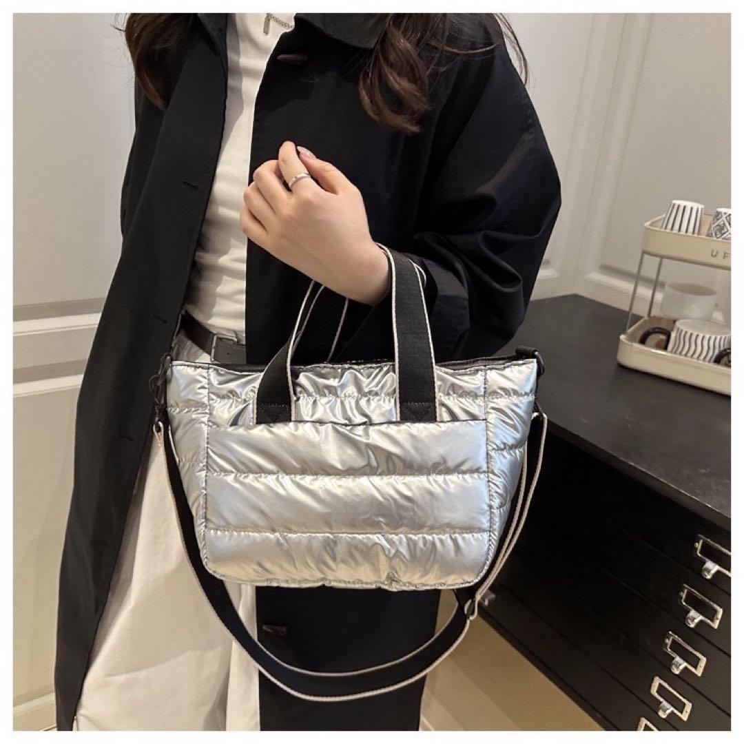 キルティングバッグ シルバー ショルダー 斜め掛け 軽量 トート 2way