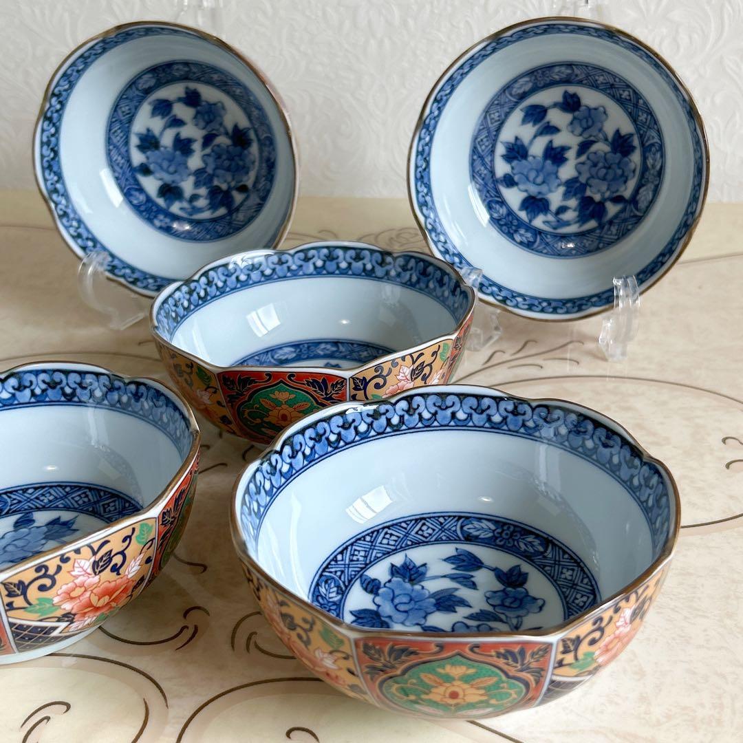 有田焼 吾山窯 金彩古伊万里 輪花鉢揃 5枚セット 小鉢 煮物鉢 とんすい