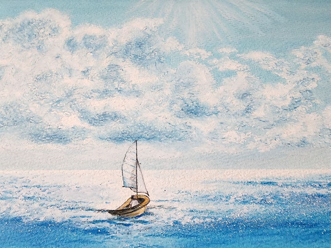 風景画　海の絵　海　夏　船の絵　帆船　アート　絵画　オイルパステル