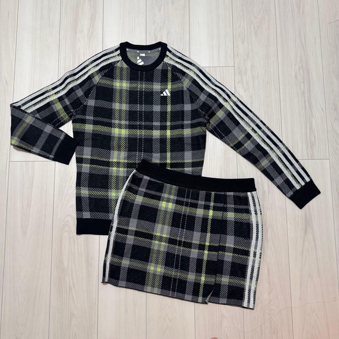 新品 アディダス セットアップ 巻きスカート 長袖ニット タータンチェック 秋冬 セール アディダスゴルフ タータンチェック柄ラップ風ニットスカート