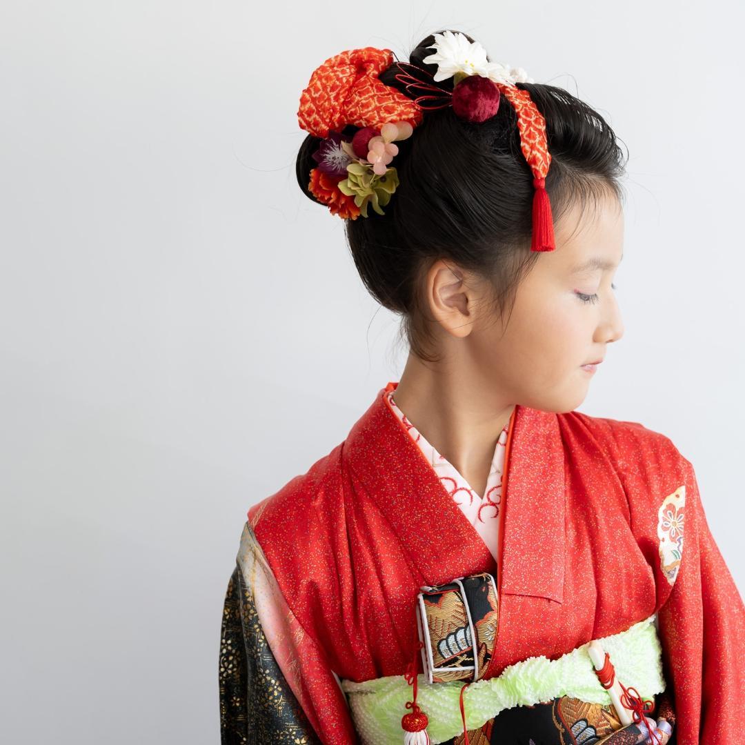 七五三7歳/3歳髪飾り赤A】日本髪かのこ（鹿の子）ちんころ組み紐白水