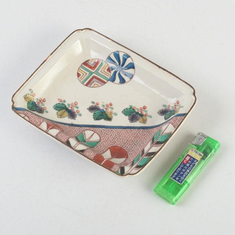 九谷焼 古九谷 角福銘 色絵花草文 四方皿 時代箱 C 9248