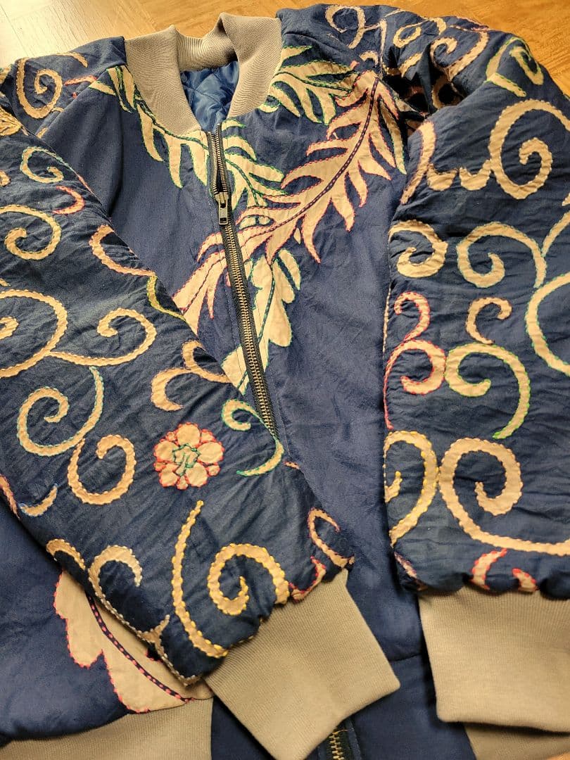 め0127古布リメイク木綿幟旗柿渋染刺し子ジップアップ鳳凰スカジャン