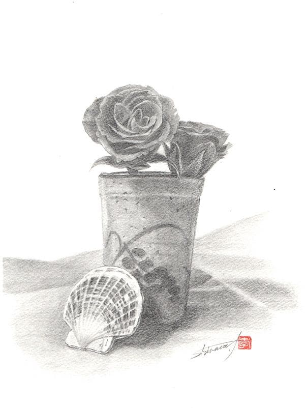 鉛筆アート「薔薇と二枚貝と陶器の湯呑」1点物、真筆