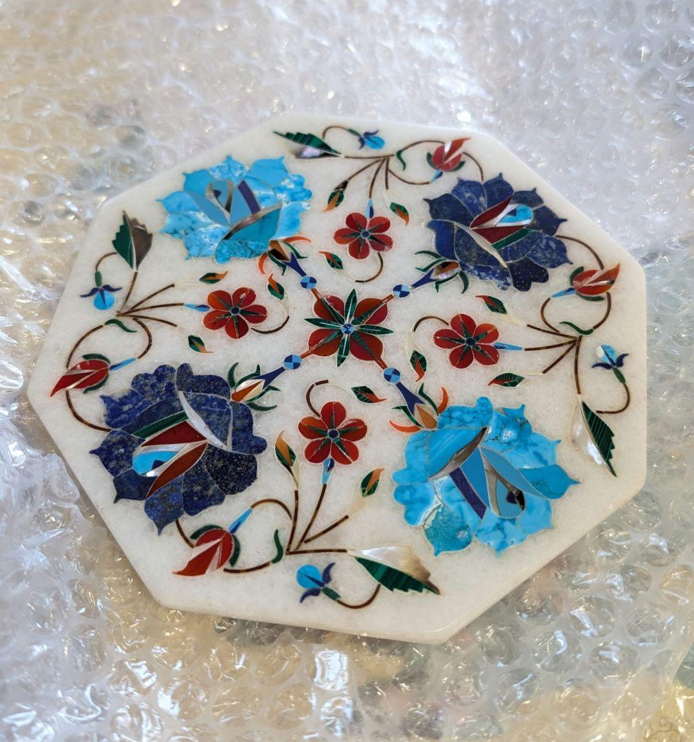 大理石 象嵌細工 インド 工芸 八角形 プレート 螺鈿 寄木細工 - メルカリ