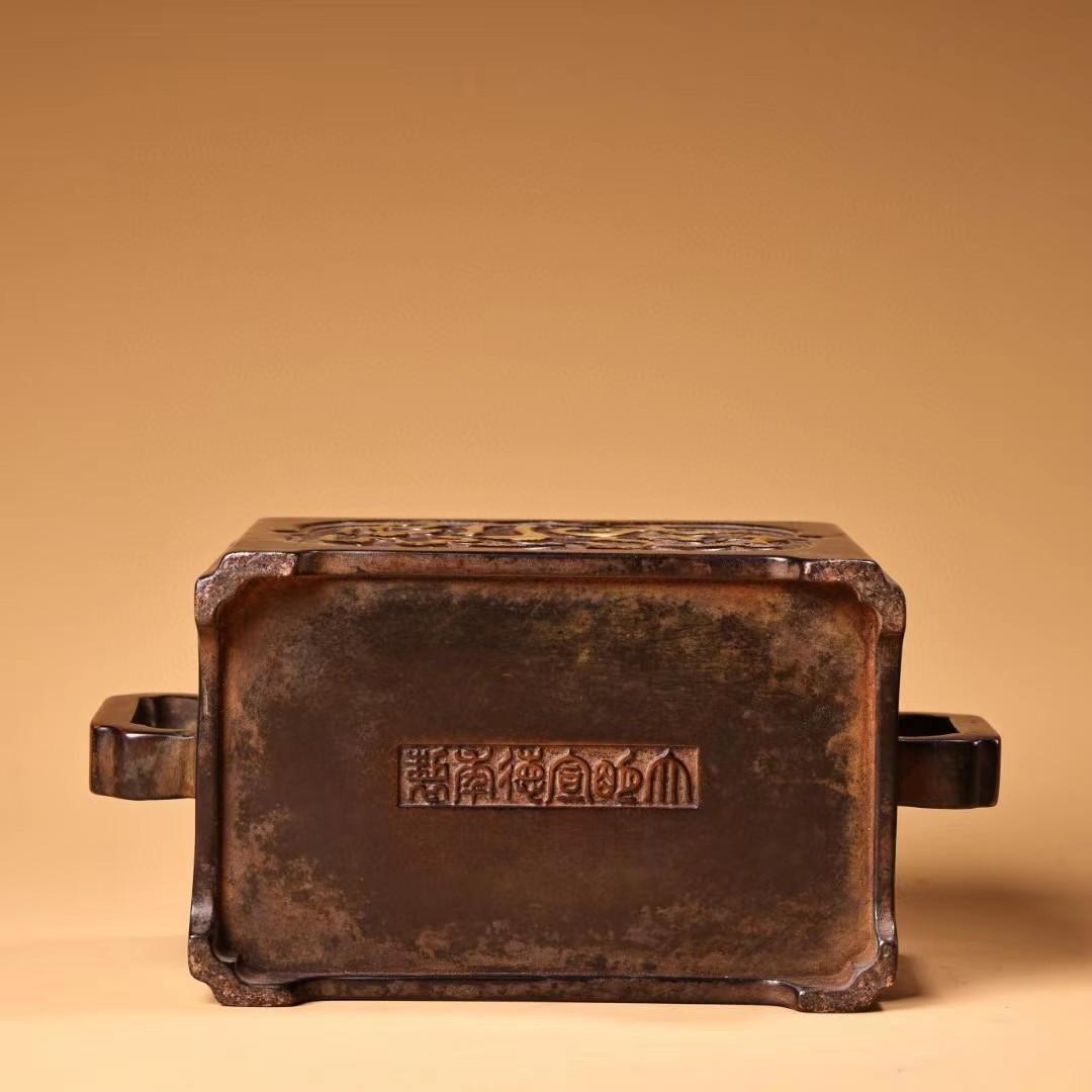 中国古美術・旧藏銅鎏金回文香炉・高浮彫・錾刻・純