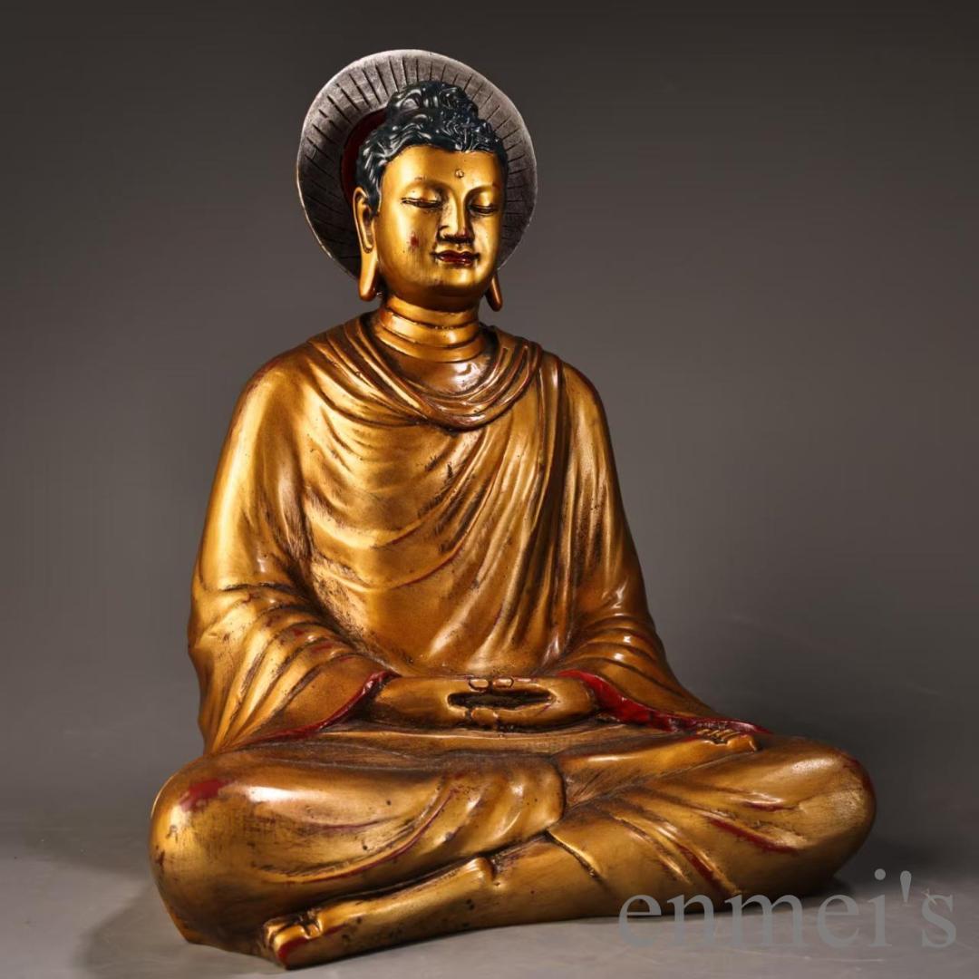 中国古美術 旧蔵『藏伝 釈迦牟尼仏像』純銅 鍍金銀 高浮彫 鏨刻 純