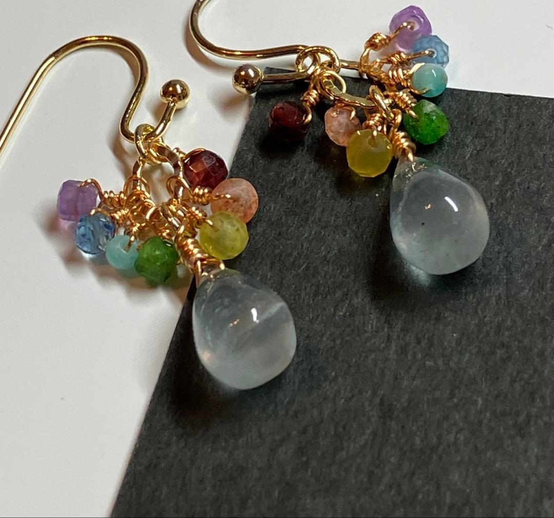 14kgf 天然石ピアス アクアマリン 7色 虹 アメジスト ガーネット