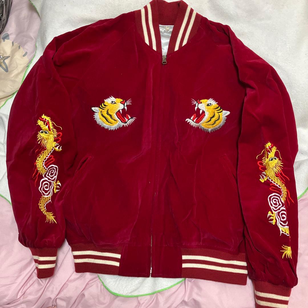 赤 スカジャン 虎とドラゴン刺繍 L 新主己】 虎（タイガー） 刺繍スカジャン レッド （M・L・LL） JAPAN