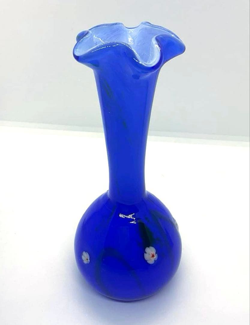 昭和レトロ琉球ガラスおきなわワールド青色ガラス 花瓶 王国工房