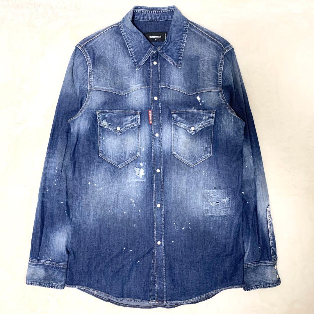 DSQUARED2 24SS デニムシャツ ウエスタンシャツ ダメージ加工 48 中古・古着通販】DSQUARED2 (ディースクエアード) ダメージ加工