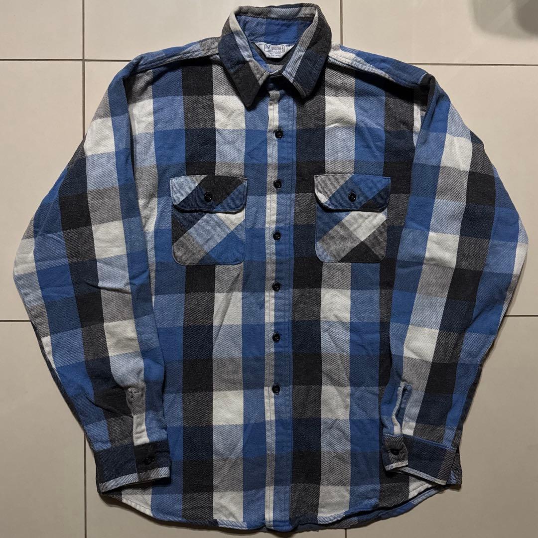 70's〜80's FIVE BROTHER フランネルシャツ 黒ボタン 青黒白 Dakota - 80's DAKOTA BY FIVE BROTHER 青黒白チェックネルシャツの