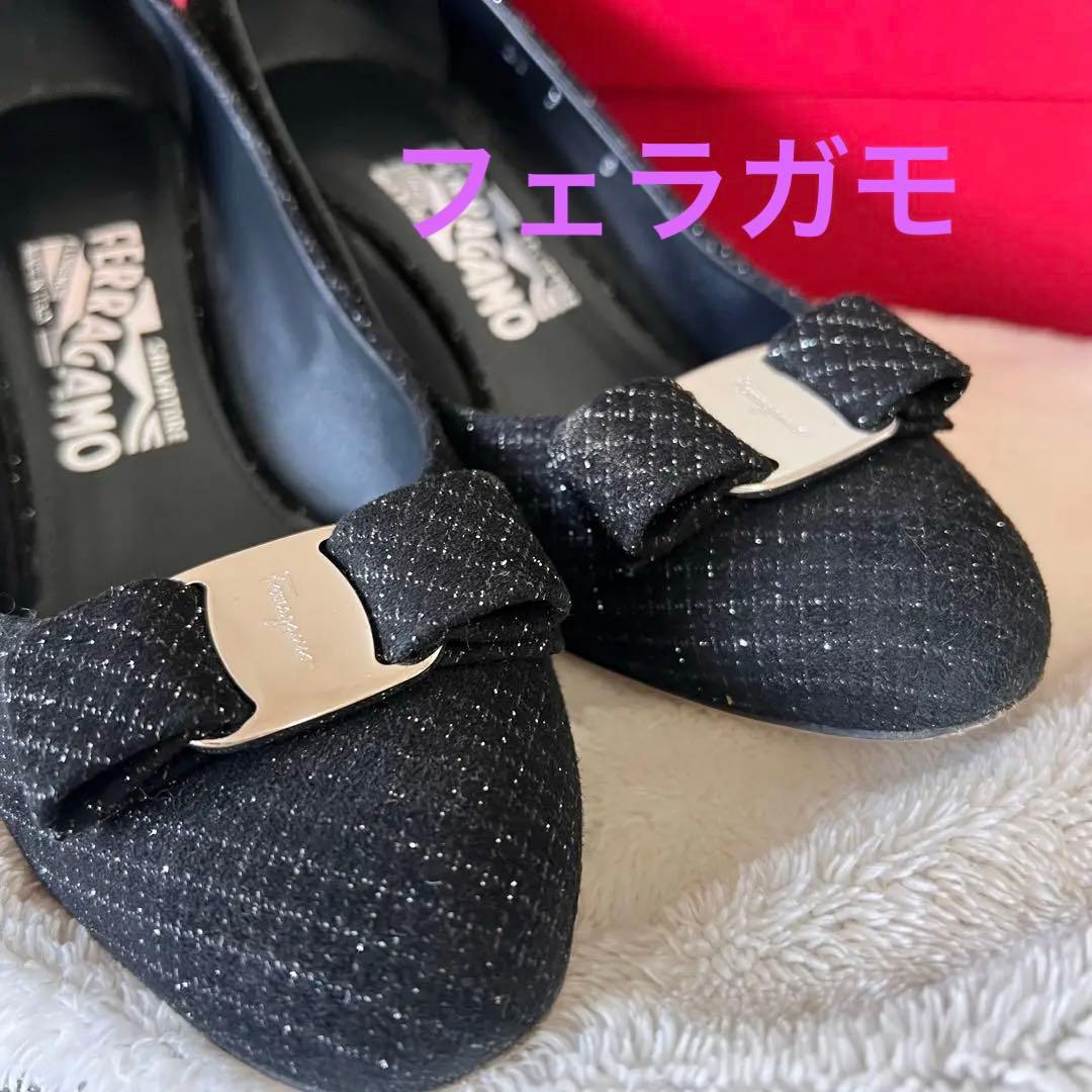 新春セール中！Ferragamo ブラックリボンパンプス 中古・古着通販】Ferragamo (フェラガモ) NERO CALF ヴァラリボン