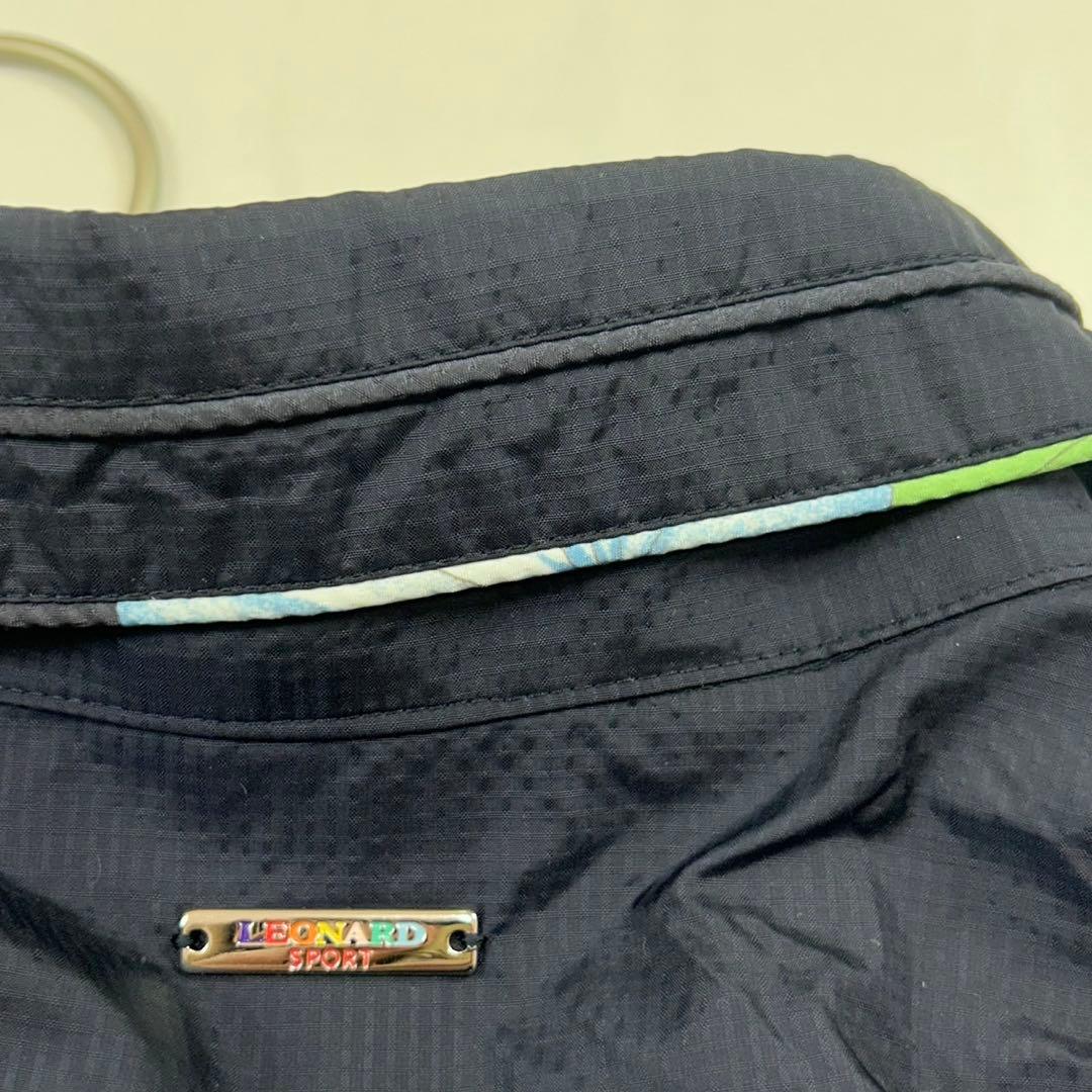 P6 美品 L レオナール 袖花柄 ナイロンジャケット ネイビー レディース