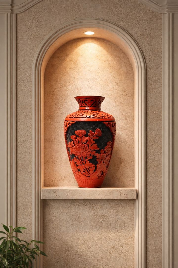 堆朱花瓶 高さ約19cm 中国美術 漆工芸 細密彫刻 花文様 花入 骨董品