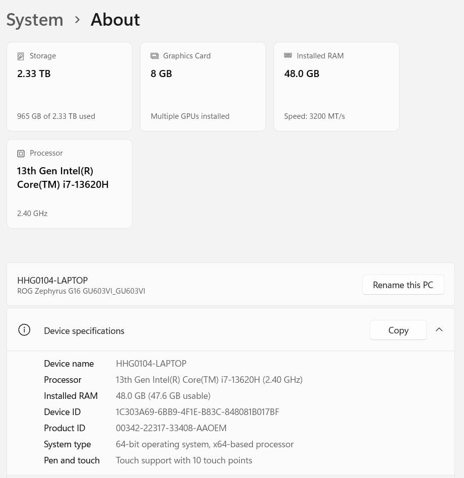 Asus Zephyrus RTX4070 16` 48GB 2.5TB USキ