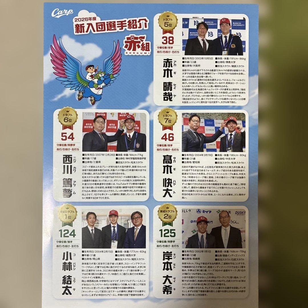 2026年広島カープ新入団選手発表記念Tシャツ、サイン色紙 （赤木選手