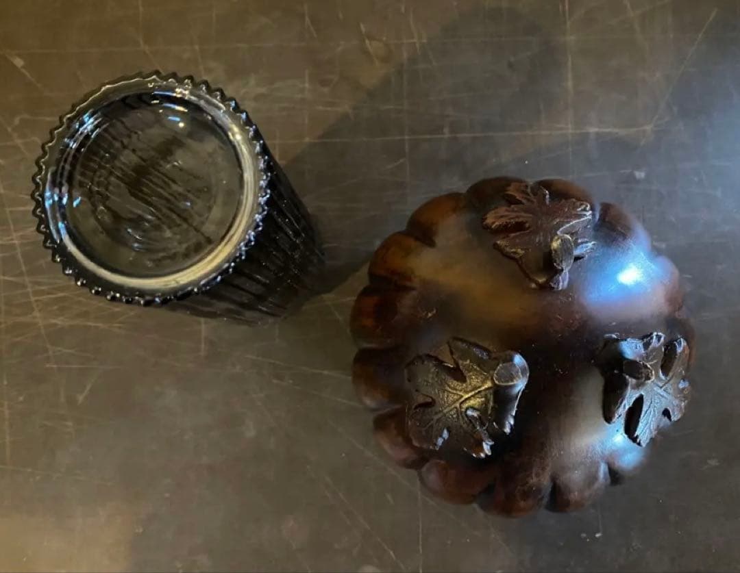 美品 精銅製カボチャ型3足香炉 ミニ色ガラスボトル付 2点セット