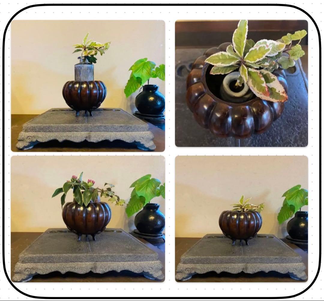 美品 精銅製カボチャ型3足香炉 ミニ色ガラスボトル付 2点セット