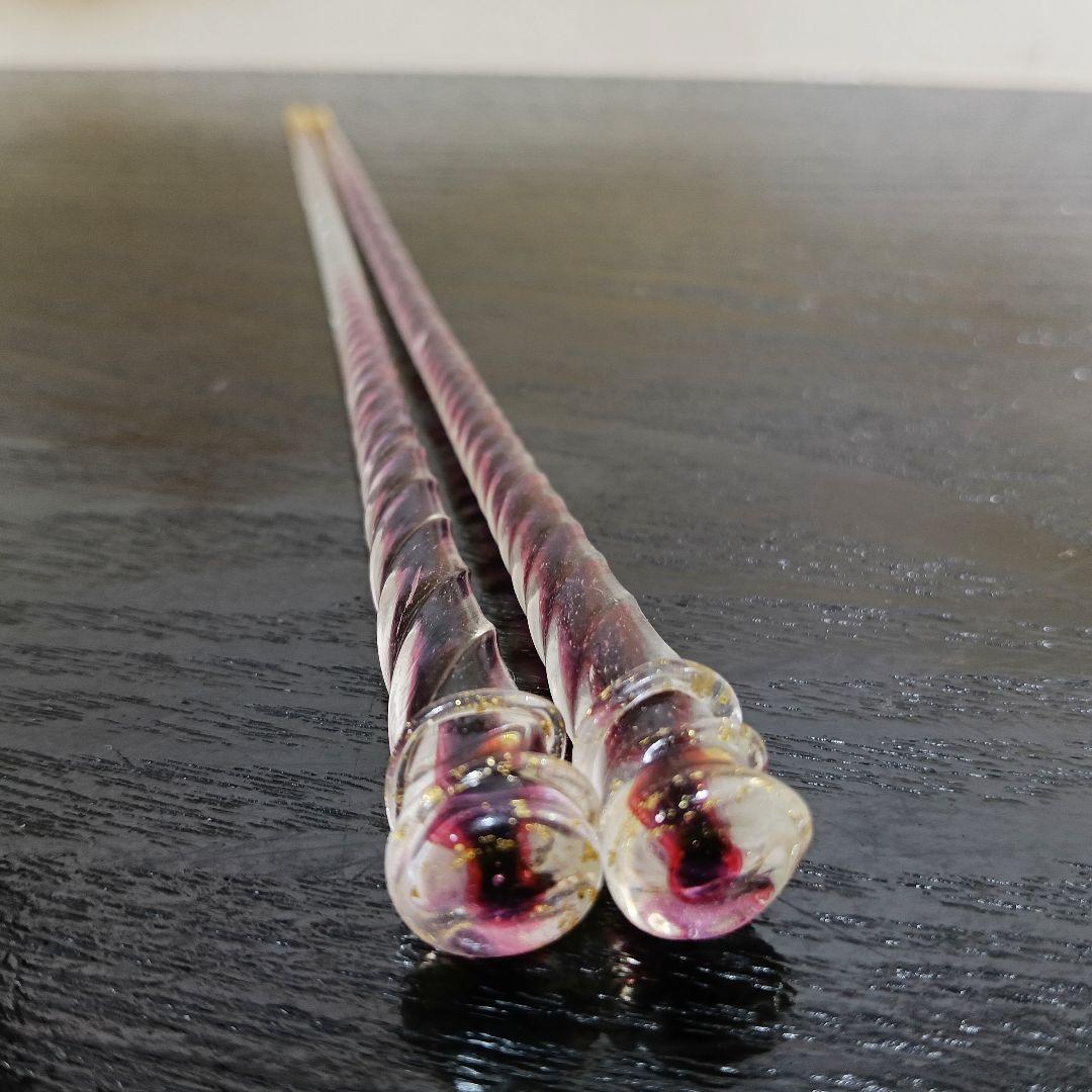 AN86 ギヤマン 箸 ガラス箸 ひねりガラス 金彩 菓子箸 茶懐石ピンク紫