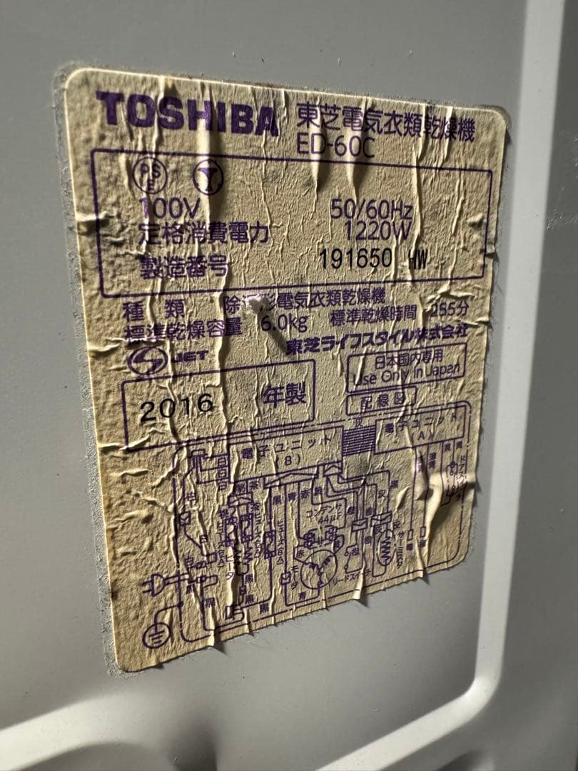 東芝 6.0kg 衣類乾燥機 ED-60C ピュアホワイト TOSHIBA