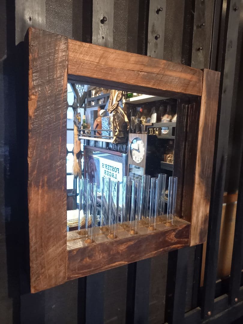 古木材 無垢 オールド エルム 楡の木 ガラス管 ウォール ミラー 壁掛け