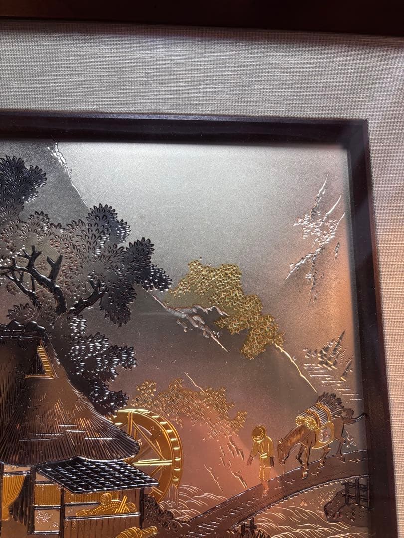 日本画 伝統的風景画 井上秀鳳刻 彫金山水人物図 彫刻パネル - メルカリ