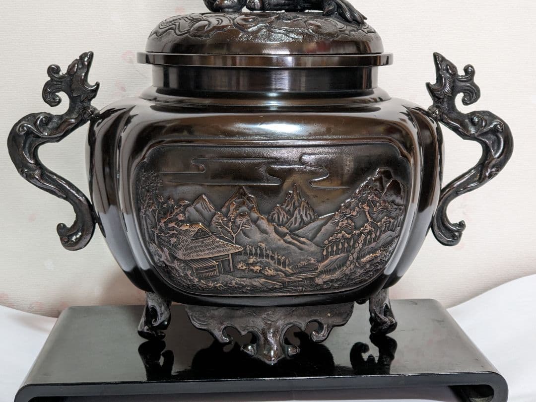 ♢香道具 獅子飾り 山水瓔珞紋様 龍双耳阿古柁形 大香炉