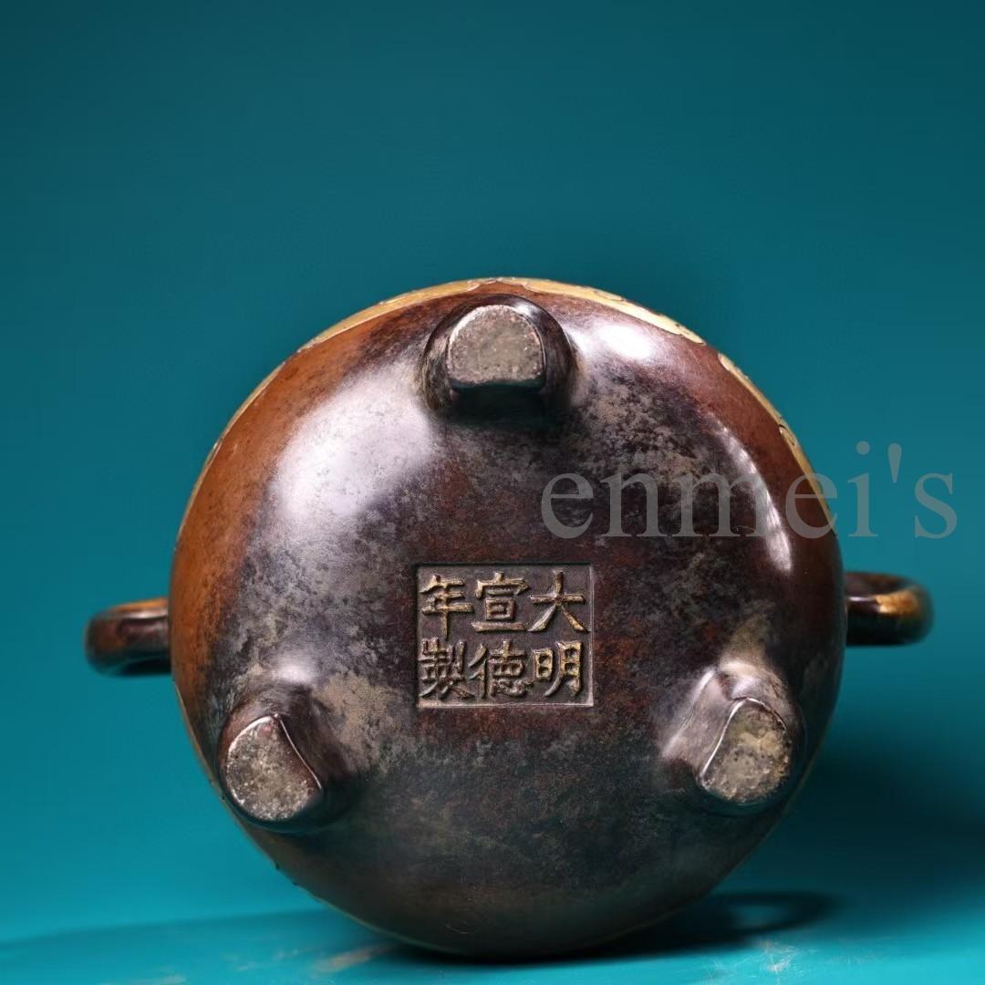 中国古美術・旧蔵純紫銅製・高浮彫鎏金香炉・純手作り・三本脚・置物