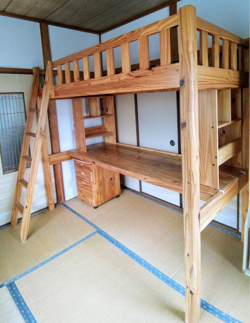 引き取り限定】ロフトベッド パイン材 デスクベッド 本棚 サイドワゴン