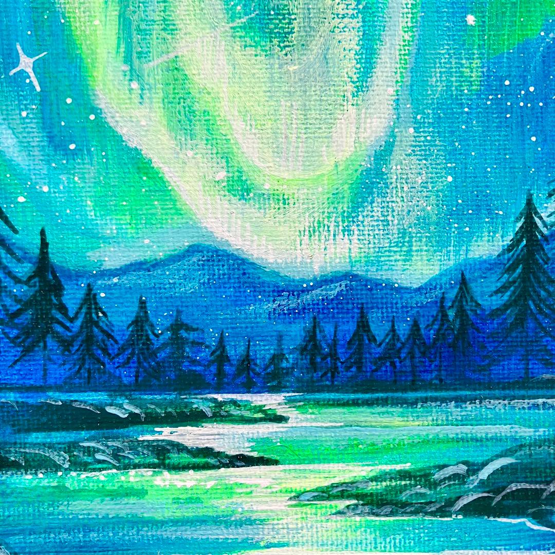 オーロラの夜景＊絵画 原画 風景画 冬 クリスマス 夜空 星空 アクリル