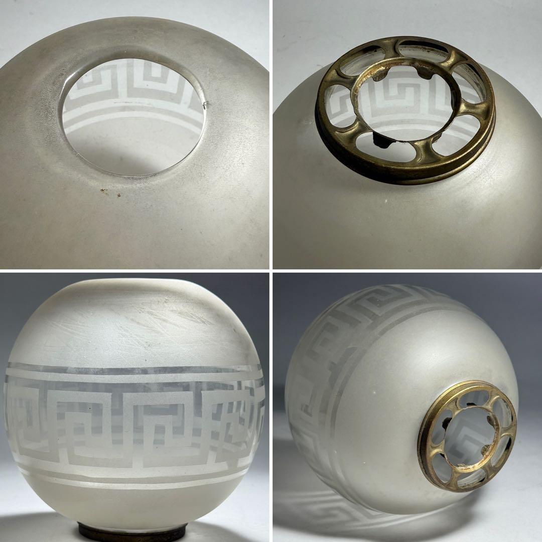 ◇希少 置きランプ 雷文擦り硝子火屋 ガラス絵乳白硝子オイル壺 明治