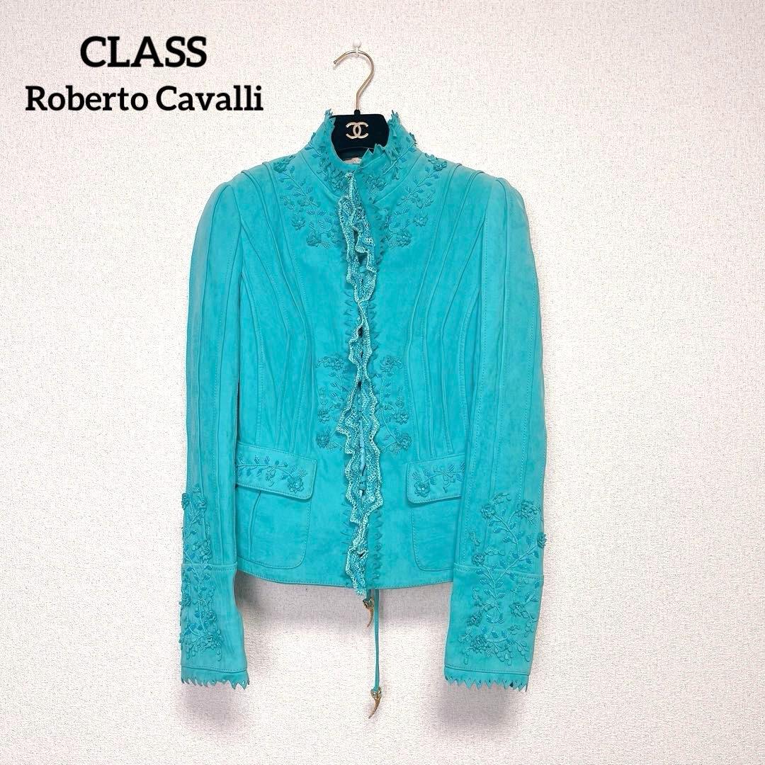 CLASS Roberto Cavalli レザー ジャケット レース ビジュー ライダース レザージャケット レディース ブラックカラー 本革
