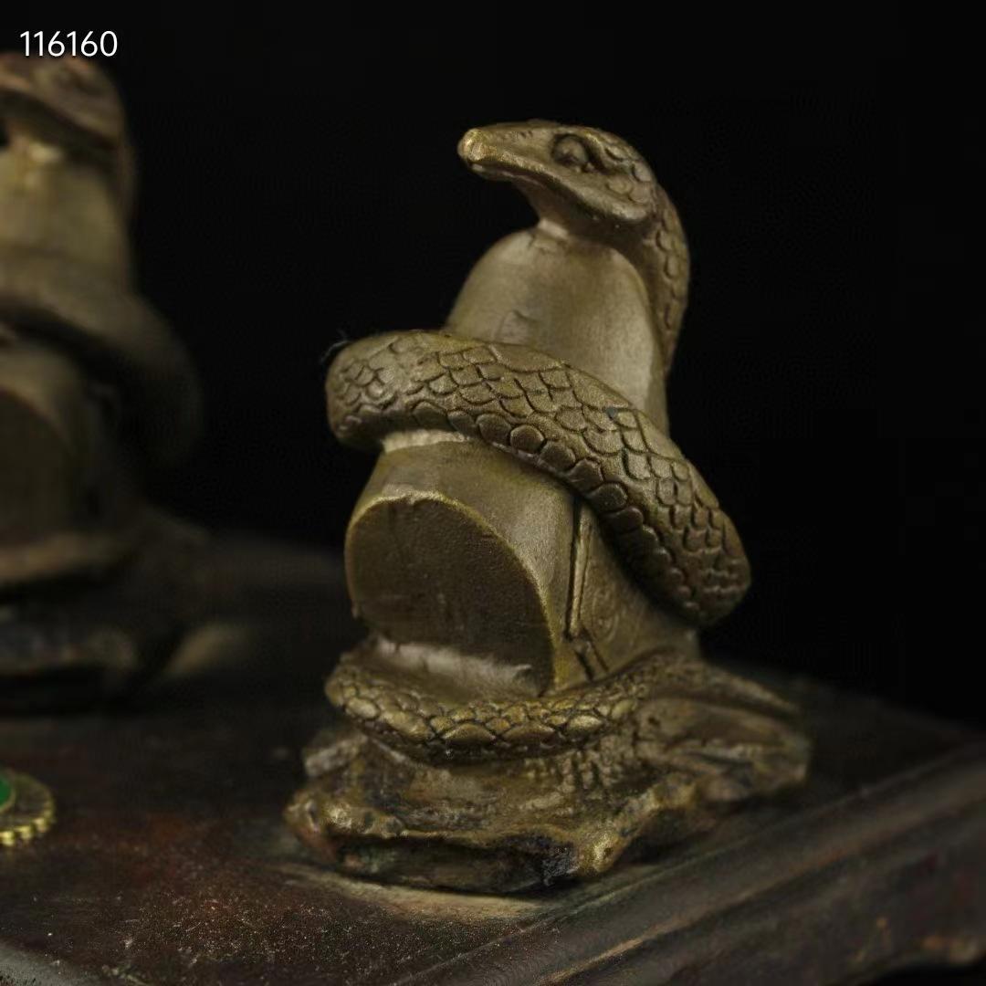 中国古美術・古い純銅・純手作り・宝石をモザイク招財蛇の飾り ・書道