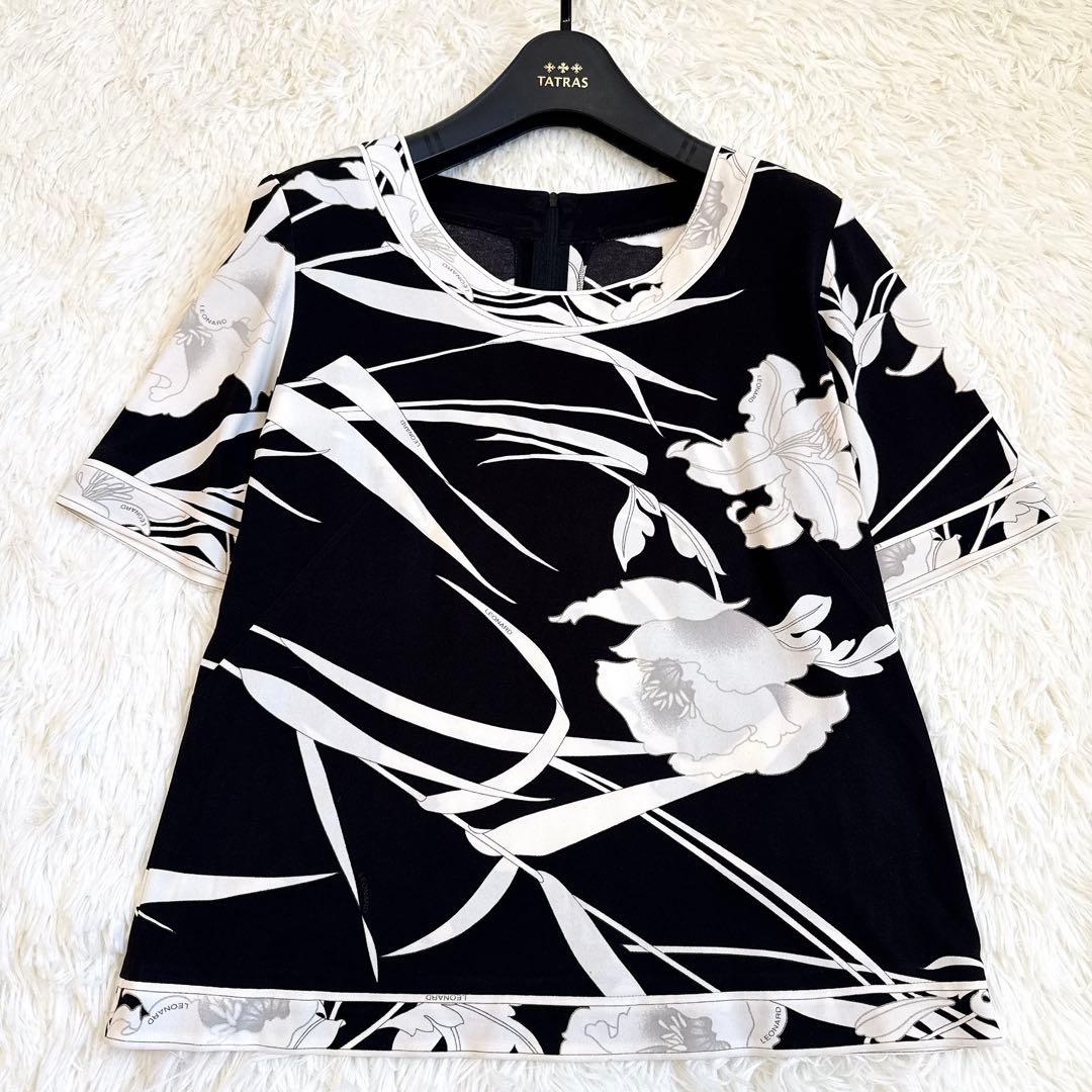 レオナール カットソー 高級✨ カンカン 花柄 トリム 半袖 ブラック