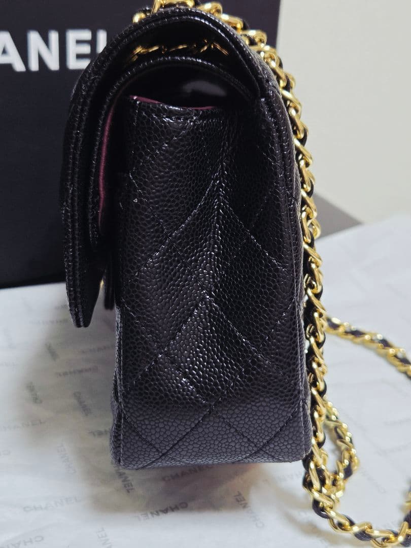 CHANEL ダブルチェーン フラップバッグ キャビアスキンゴールド