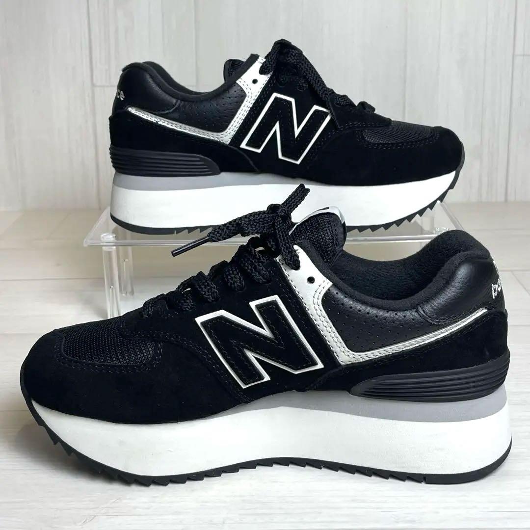 未使用級 ニューバランス スニーカー 574 厚底 黒 24 レザー - メルカリ