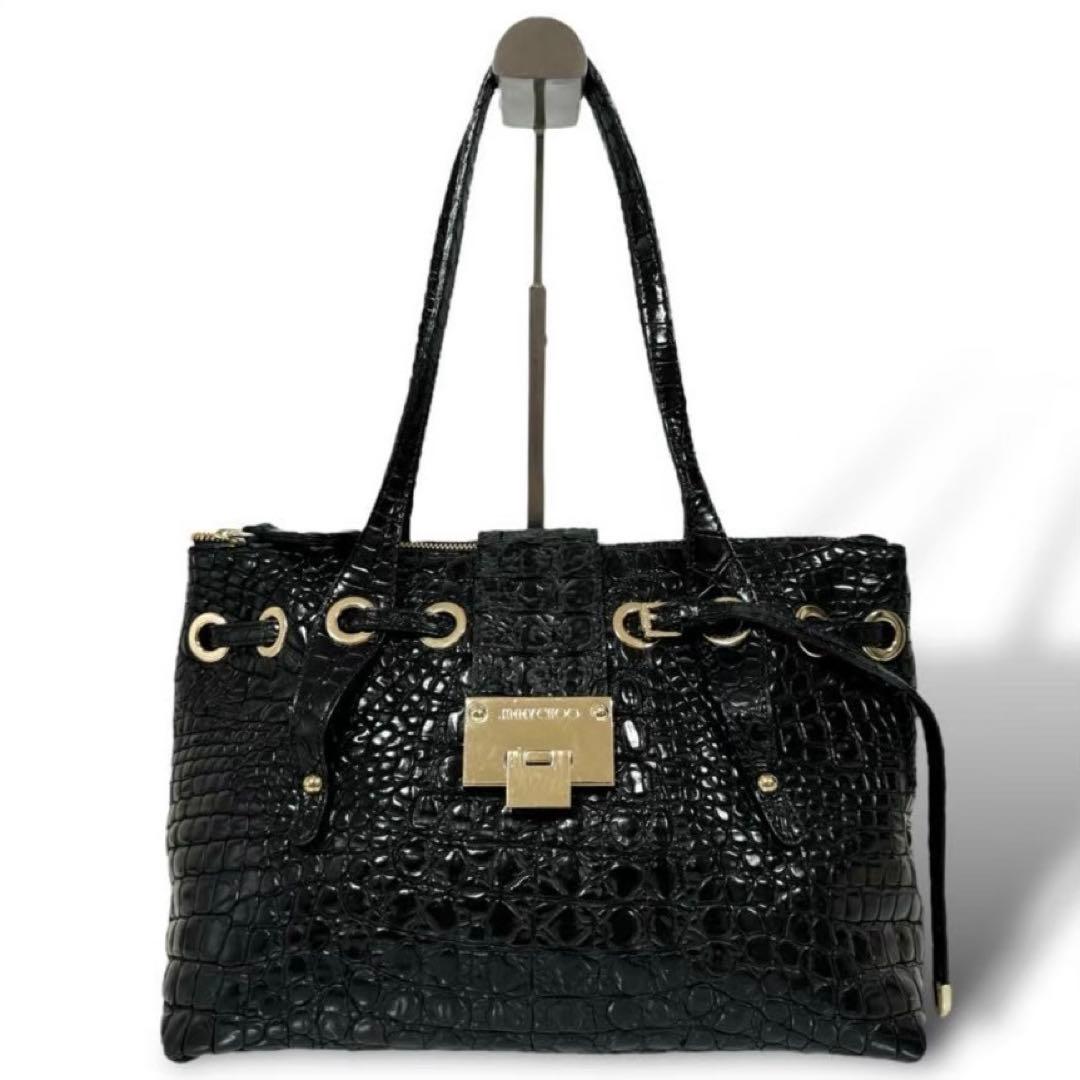 美品】ジミーチュウ クロコ型押し トートバッグ ブラック 肩掛け