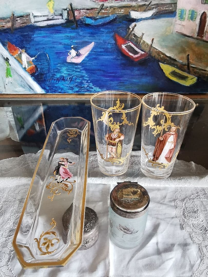 アンティーク ロブマイヤー 手描きエナメル盛上げ金彩 ペアのダンス 八