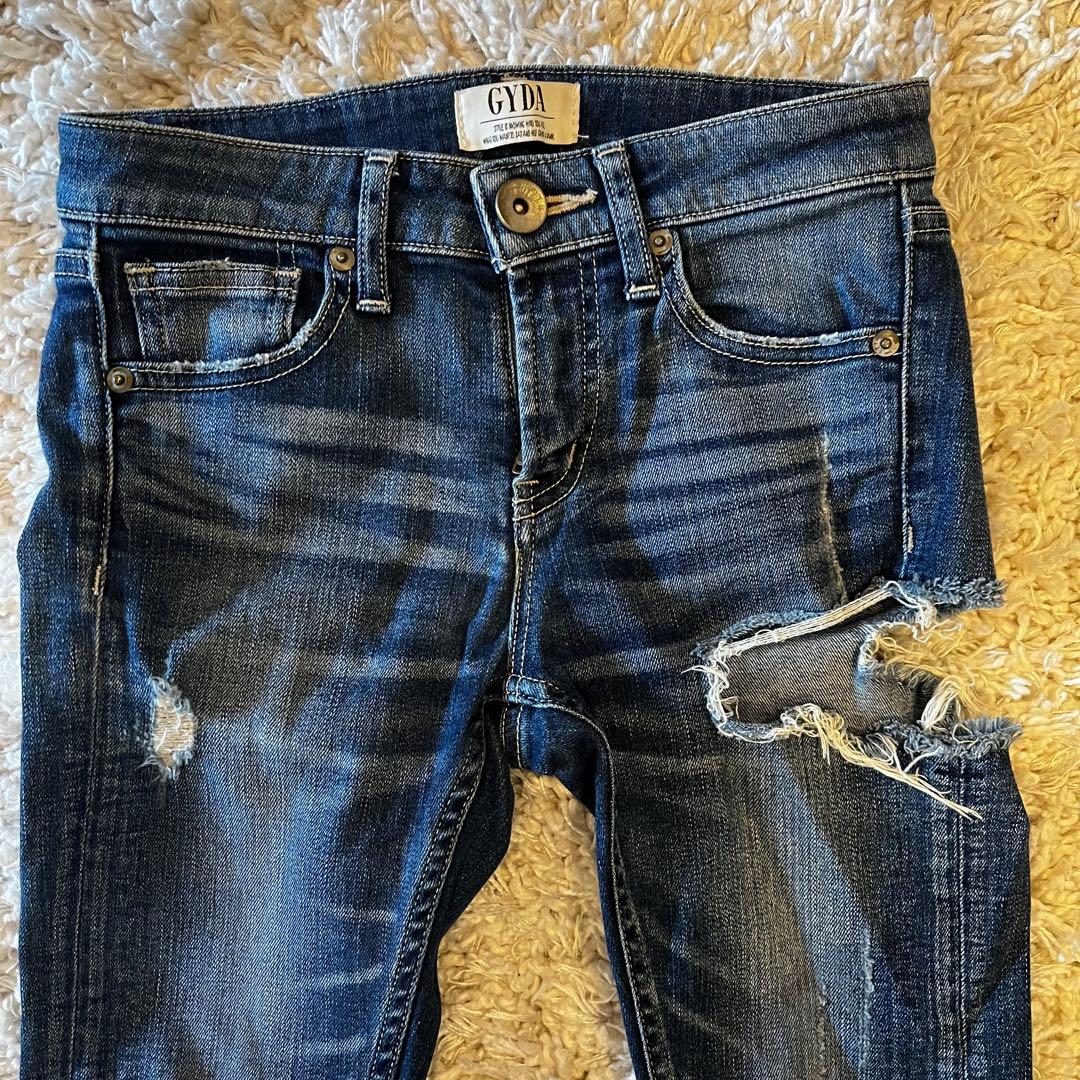 GYDA】ダメージスキニーデニム クラッシュ加工 インディゴブルー