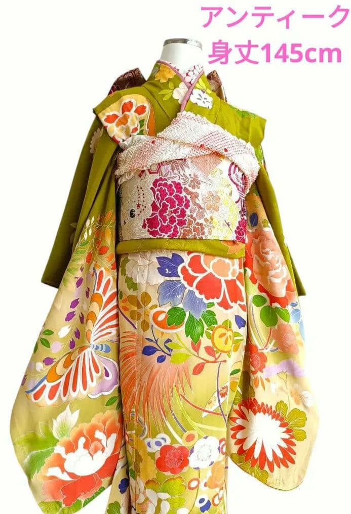 アンティーク大正ロマン☆抹茶色にぼかし 刺繍着物単品