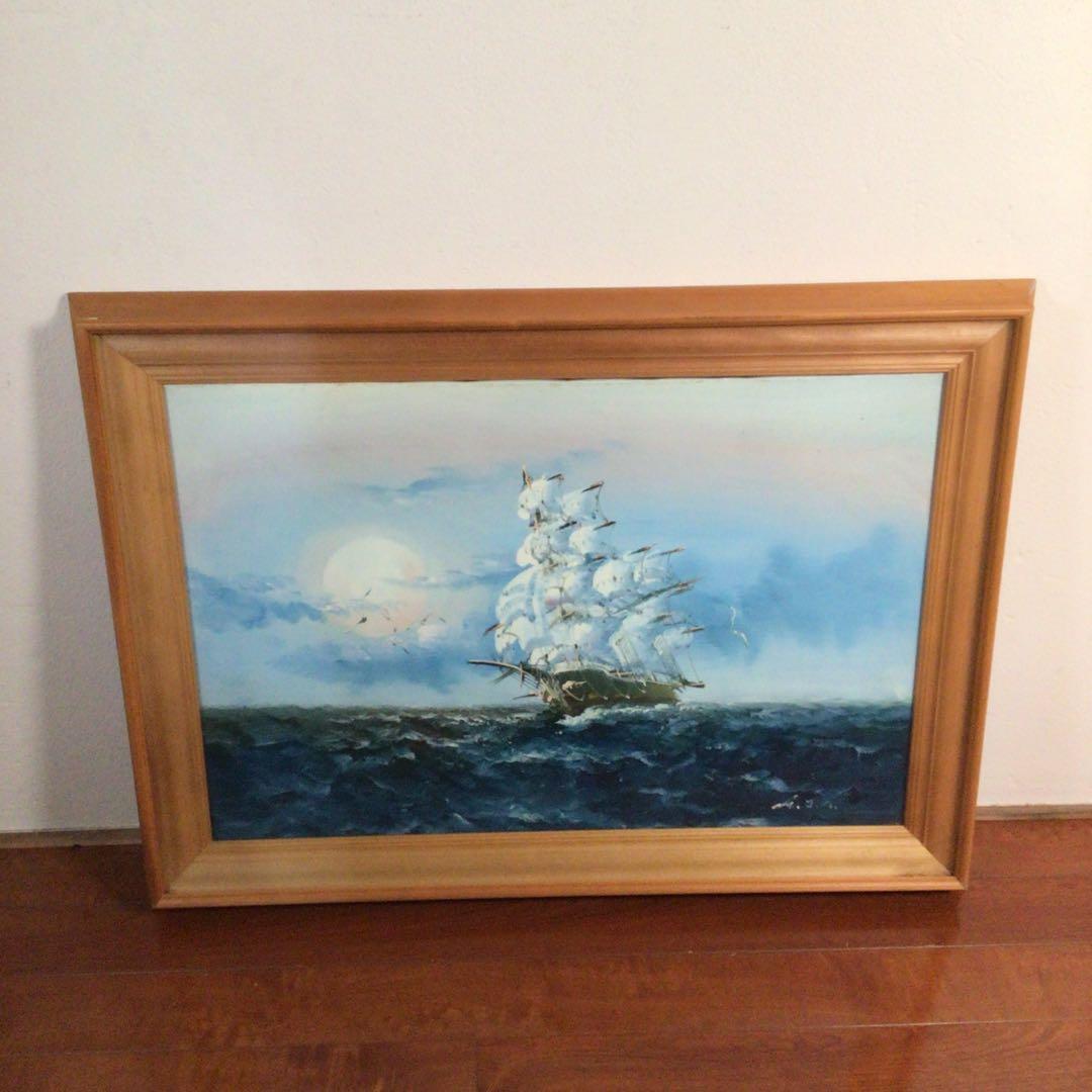 No4800 額装　油彩画　朝日　帆船　直筆サイン　箱付　絵画　美術　送料無料 No4800 額装 油彩画 朝日 帆船 直筆サイン 箱付 絵画 美術 送料無料