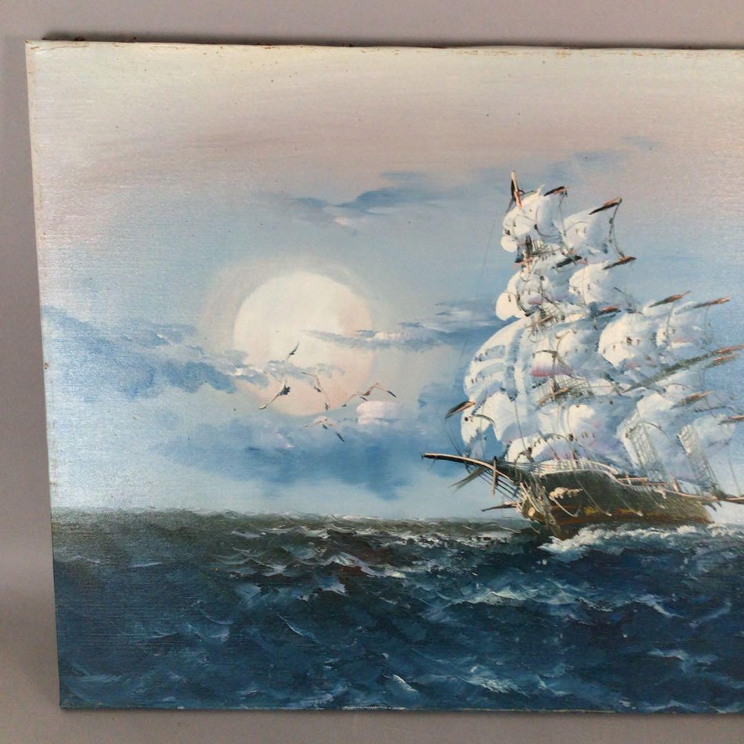 No4800 額装 油彩画 朝日 帆船 直筆サイン 箱付 絵画 美術 送料無料