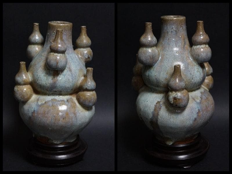 民国期 鈞窯 瓢箪形瓶 流れ釉飾壺 時代物 置台付 共箱