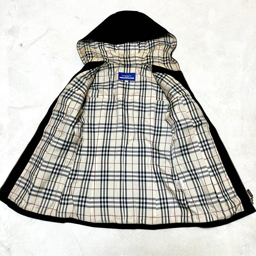 バーバリーブルーレーベル ウールコート フード付 裏ノバチェック 黒 M
